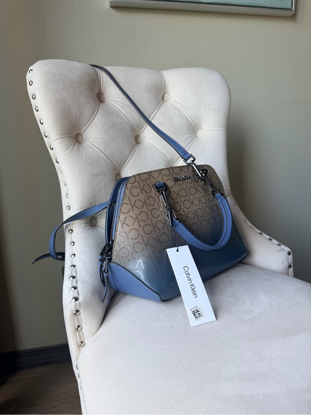 Calvin Klein Blue Ombré Monogram Satchel Crossbody Bag NWT w/ Dust Bag - Picture 3 of 14